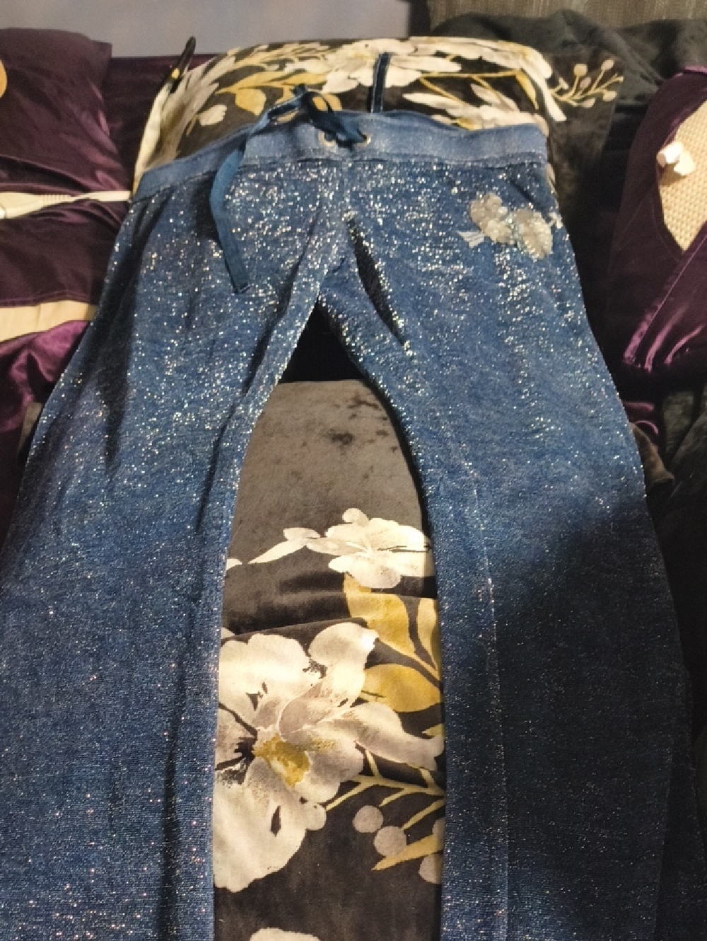 Blue Glitter Stretch Jeggings with Drawstring Waist